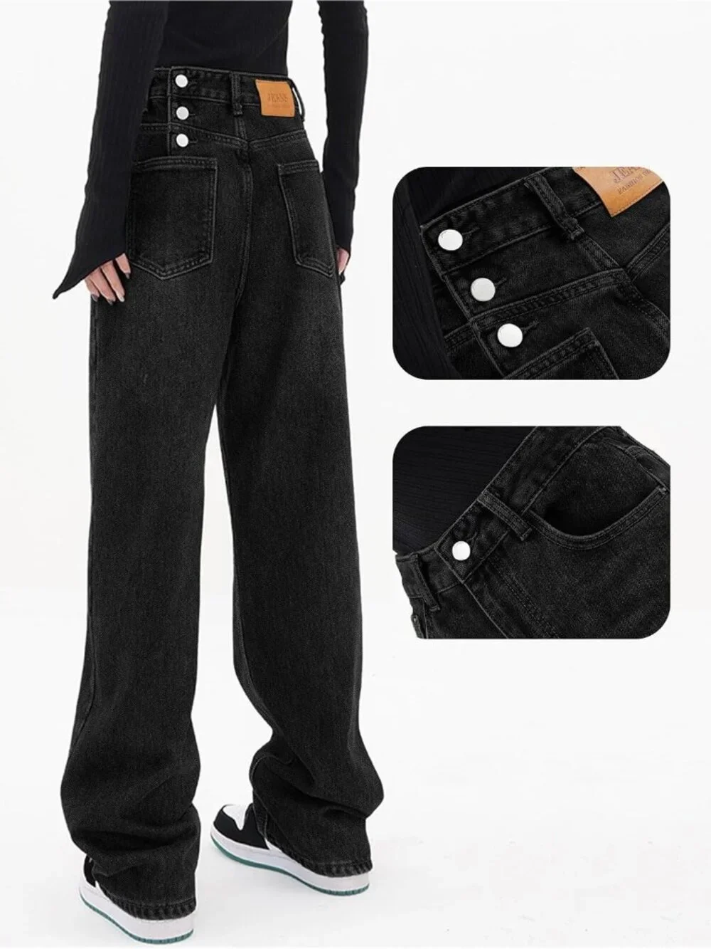 Women's Black Denim Y2k Straight Leg Button Zip High Waisted Baggy Jeans